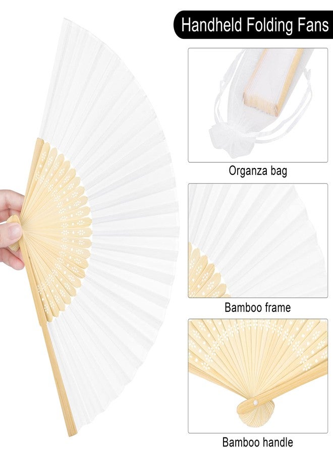 MCEAST 120 Pieces Handheld Fans Silk Bamboo Folding Hand Fans Silk Fabric Folding Fans with Organza Bags for Church Wedding Party Favors Bridal Dancing Props, White - Image 3